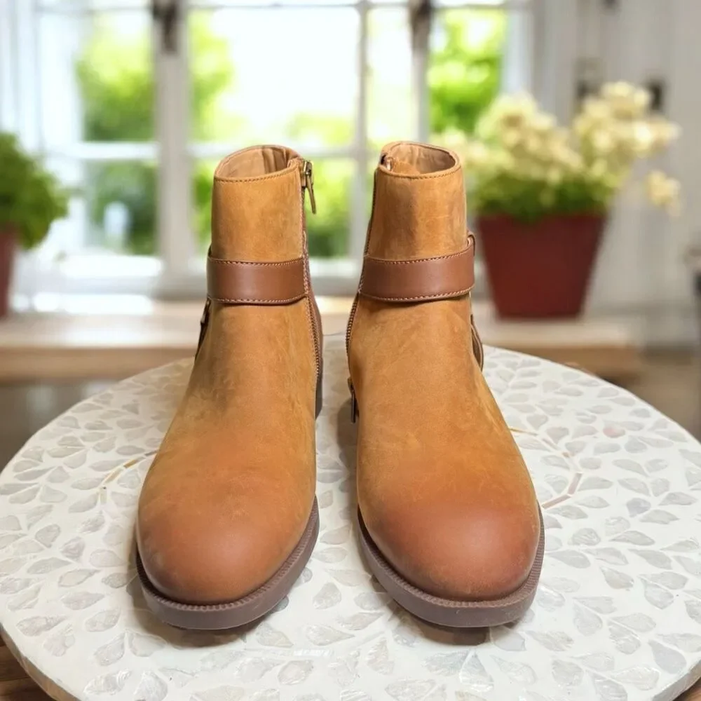 Vionic $190 Rhiannon Equestrian Ankle Boots Cognac Nubuck Leather Buckle Detail